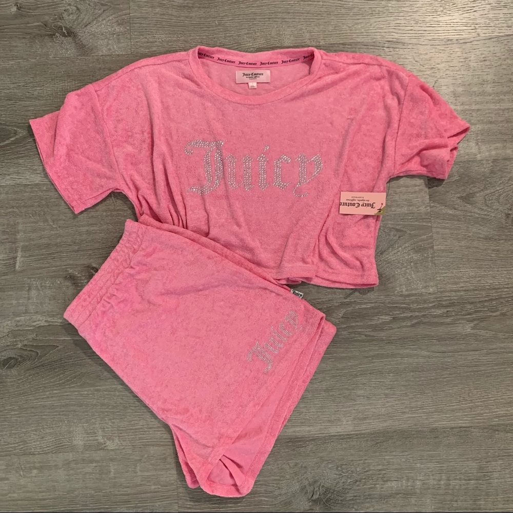 * NWT Juicy Couture Pink Terry Cloth Pajama Set Sleepwear Crop Top Shorts
